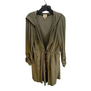 Knox Rose Military Green Hooded Cardigan L Crochet Roll-Up Boho Cargo Utility